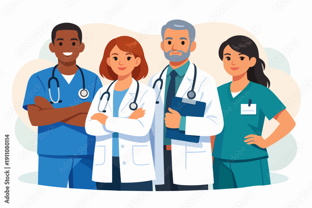 Fototapeta premium Diverse medical team standing together, conveying unity and healthcare professionalism