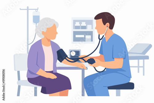 Healthcare worker measuring senior woman blood pressure during regular medical checkup