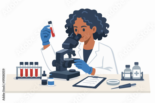 Female scientist working in laboratory, analyzing blood samples with microscope