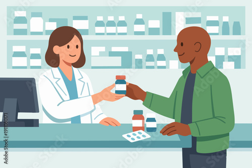 Pharmacist advising patient and dispensing medication in a modern drugstore