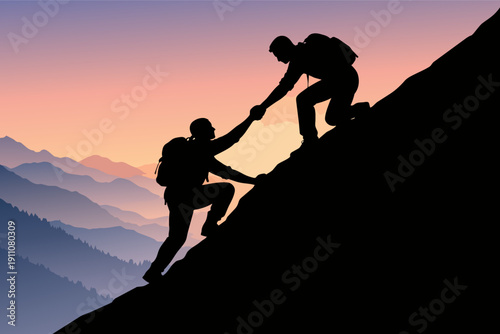 Climbers achieving success with teamwork, helping hand on mountain summit at sunrise