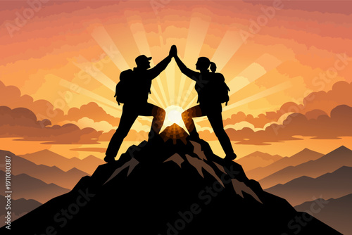 Teamwork achieving success on mountain summit with high five at sunset
