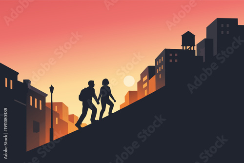 Couple walking up city hill together holding hands at sunset or sunrise