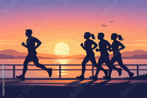 Runners exercising at sunset, silhouetted against vibrant sky, promoting health