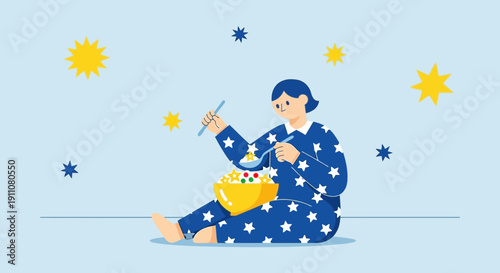 Whimsical Pajama Person Enjoys Starry Cereal Under Celestial Glow