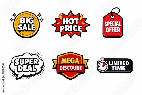 Sale badges expressing promotion, discount, special offer, and limited time deals