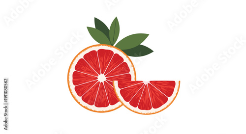 A fresh red grapefruit half and a smaller wedge are displayed with green leaves on a white background.
