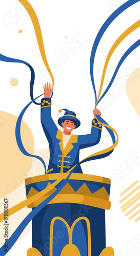 Whimsical Performer Emerging From Elaborate Stage With Cascading Ribbons