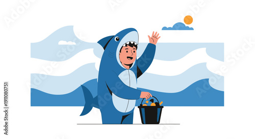 Whimsical Shark Costume Character Waving Friendly With Candy Bucket