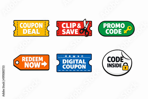 Marketing elements showing various deal and saving concepts for special offers