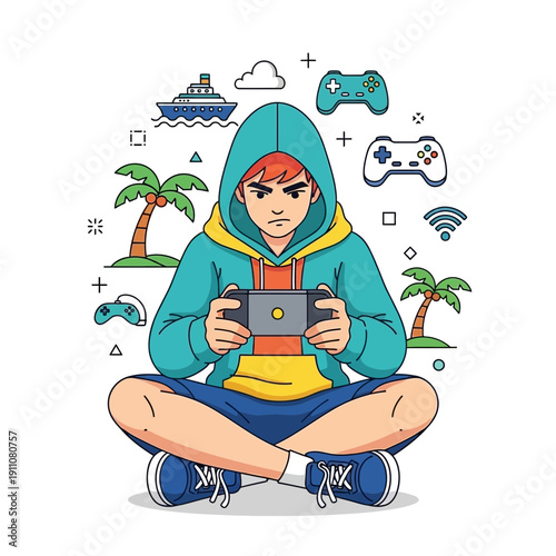 Young Person Immersed In Digital Worlds Holding Portable Gaming Device