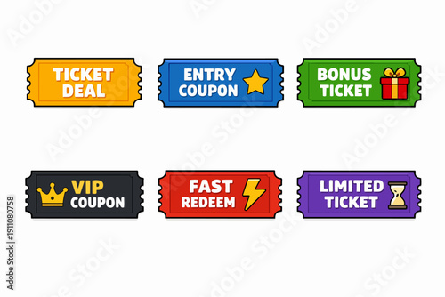 Collection of tickets and coupons with vip passes, bonuses, and limited offers