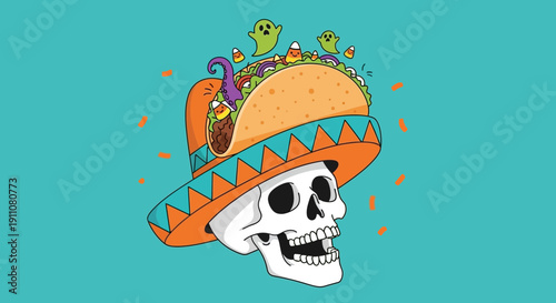 Whimsical Skeleton With Taco Hat and Spooky Accents Illustration