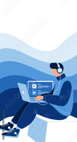 Young Person Listening Music Online While Working On Laptop