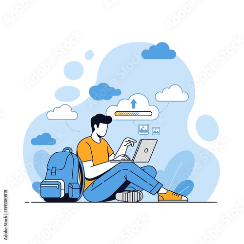 Young Person Uploading Files To Cloud Storage Service With Laptop And Backpack