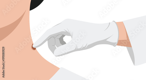 Doctor's gloved hand gently touches a mole on a patient's neck during a medical skin examination.