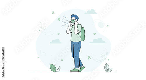 Young Person Wearing Face Mask During Breezy Outdoor Walk With Backpack