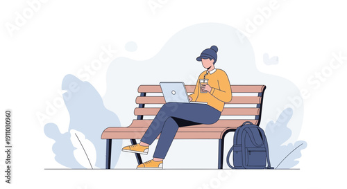 Young Person Working Outdoors With Laptop And Drink On Park Bench