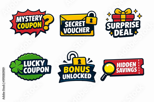 Collection of badges presenting mystery coupons, secret vouchers, and bonus deals