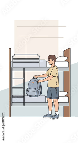 Young Student Preparing For Dormitory Life With Backpack And Bunk Bed Setting