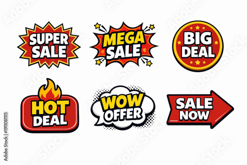 Comic pop art style sale banners and discount offers promoting shopping deals