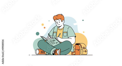 Young Student Focused on Studying Outdoors With Backpack And Notebook