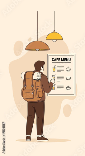 Young Traveler Deciding What To Order From Cafe Menu Board Display