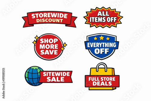 Retail sales promotion badges offering storewide discounts, sitewide savings, and special deals