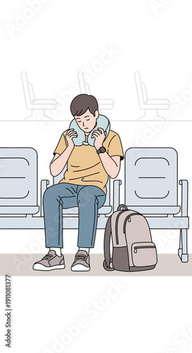 Young Traveler Preparing For Long Journey Comfortably Seated In Waiting Area With Backpack