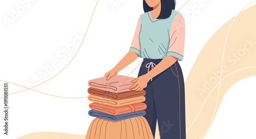 Woman Folding Clean Laundry Pile Domestic Chores