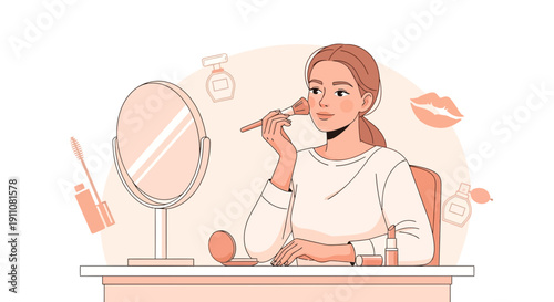 Young Woman Applying Makeup With Brush In Front Of Mirror