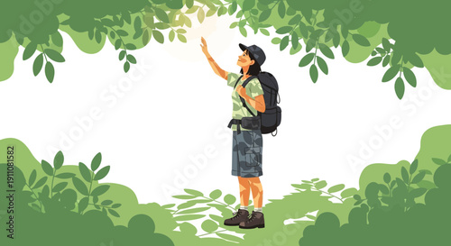 Young Woman Adventurer Reaching For Sunlight Among Lush Green Foliage