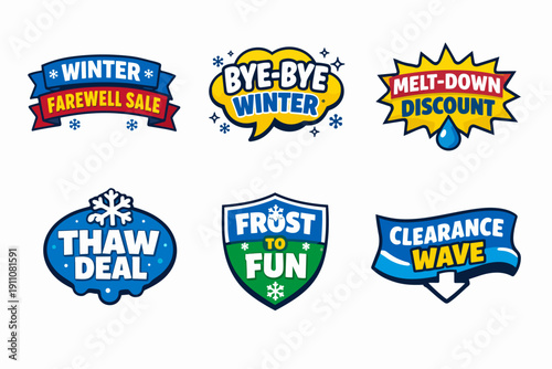 Winter clearance sale badges and stickers advertising seasonal discounts and promotions