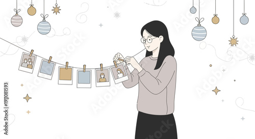 Young Woman Attaching Photographs To A Clothesline With Festive Decorations