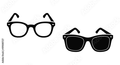 Two pairs of eyeglasses and sunglasses presented in a black silhouette
