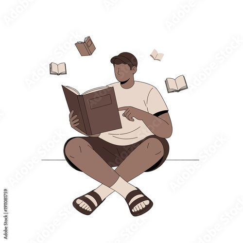 Young Man Engaged In Reading Books Surrounded By Floating Literature