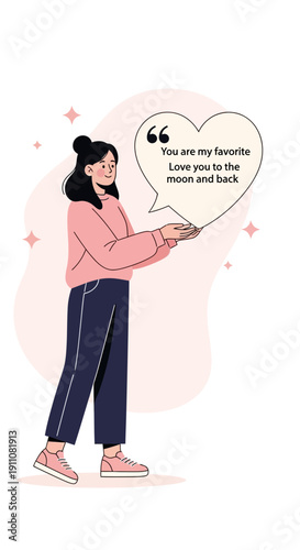 Young Woman Holding Heart Shaped Speech Bubble With Loving Message