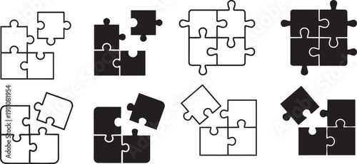 Jigsaw Puzzle Pieces: A collection of various jigsaw puzzles, some with missing pieces, presented in striking black and white, symbolizing problem-solving and completion. 