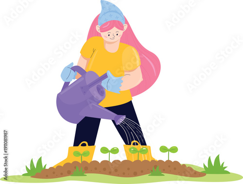 A girl with long pink hair in a blue headscarf is watering seedlings in a garden from a large watering can