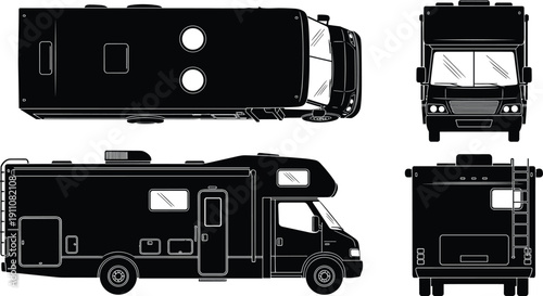 Motorhome RV camper van silhouette collection with top, side, front and rear views, black recreational vehicle vector isolated on white background
