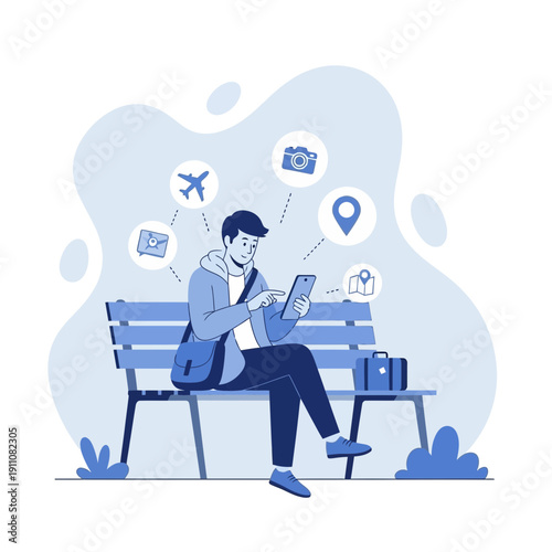 Young Man Planning Trip Using Digital Device While Sitting on Park Bench