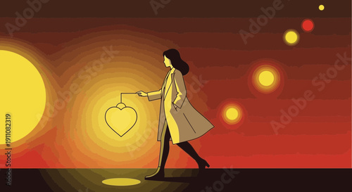 Woman Walking With Heart Shaped Lantern Under Sunset Sky Vibrant Colors
