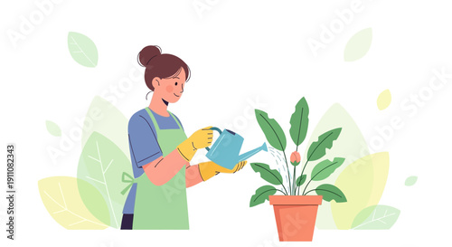 Woman Watering A Houseplant With A Watering Can Gardening Hobby