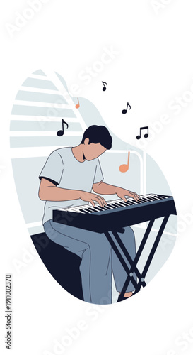 Young Man Playing Electronic Keyboard Creating Melodies And Music Notes Floating