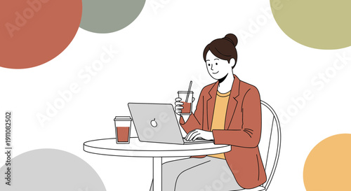 Woman Working Remotely On Laptop Enjoying Beverage In Cafe Setting