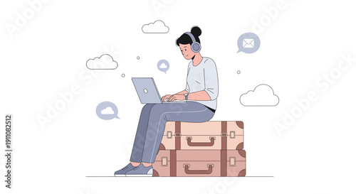 Woman Works Remotely On Laptop While Sitting On Suitcases With Headphones On