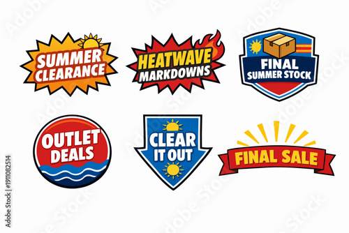 Summer sales and promotional banners for clearance, heatwave markdowns, and outlet deals