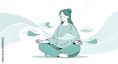 Zen Serenity Woman Meditating With Flowing Water Elements Peaceful Atmosphere