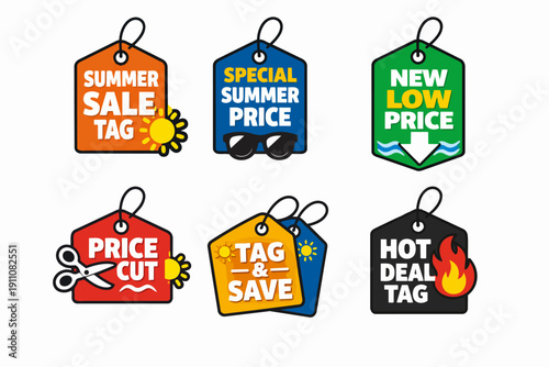 Retail sales tags with summer sale, special price, price cut, and hot deal promotions