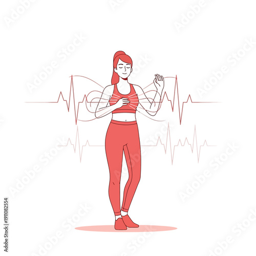 Woman's Visualization Exercises with EKG Overlay Depicting Calmness and Serenity in Wellness
